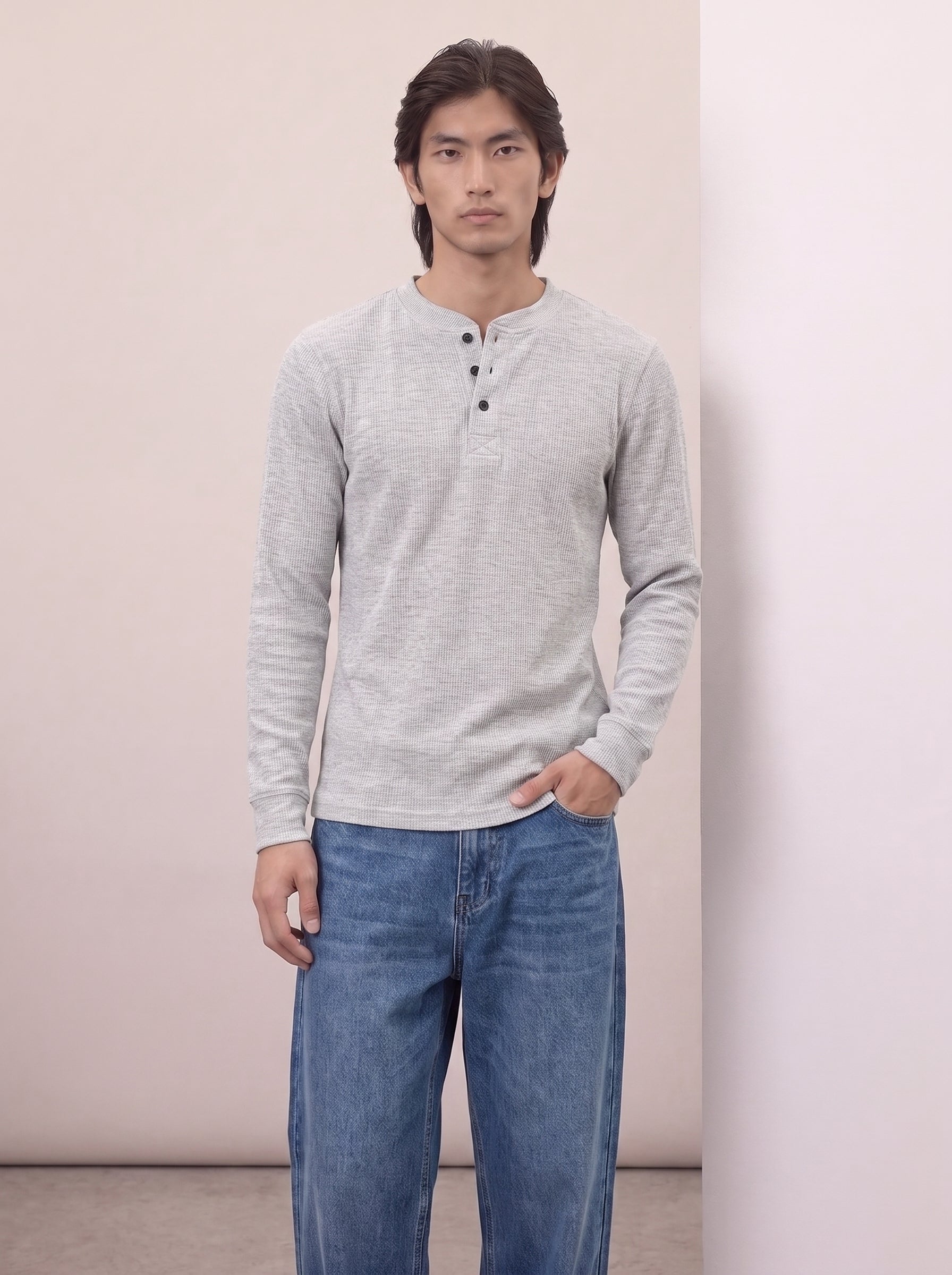 Waffle Knit Henley - Light Grey