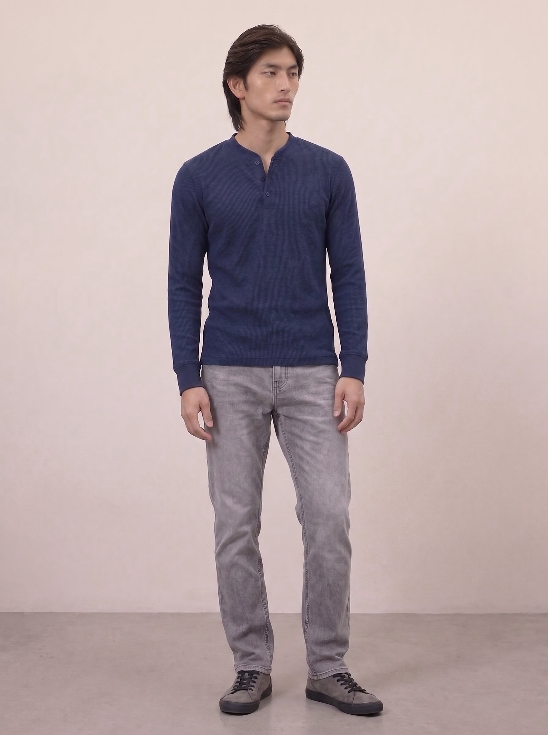 Waffle Knit Henley - Navy