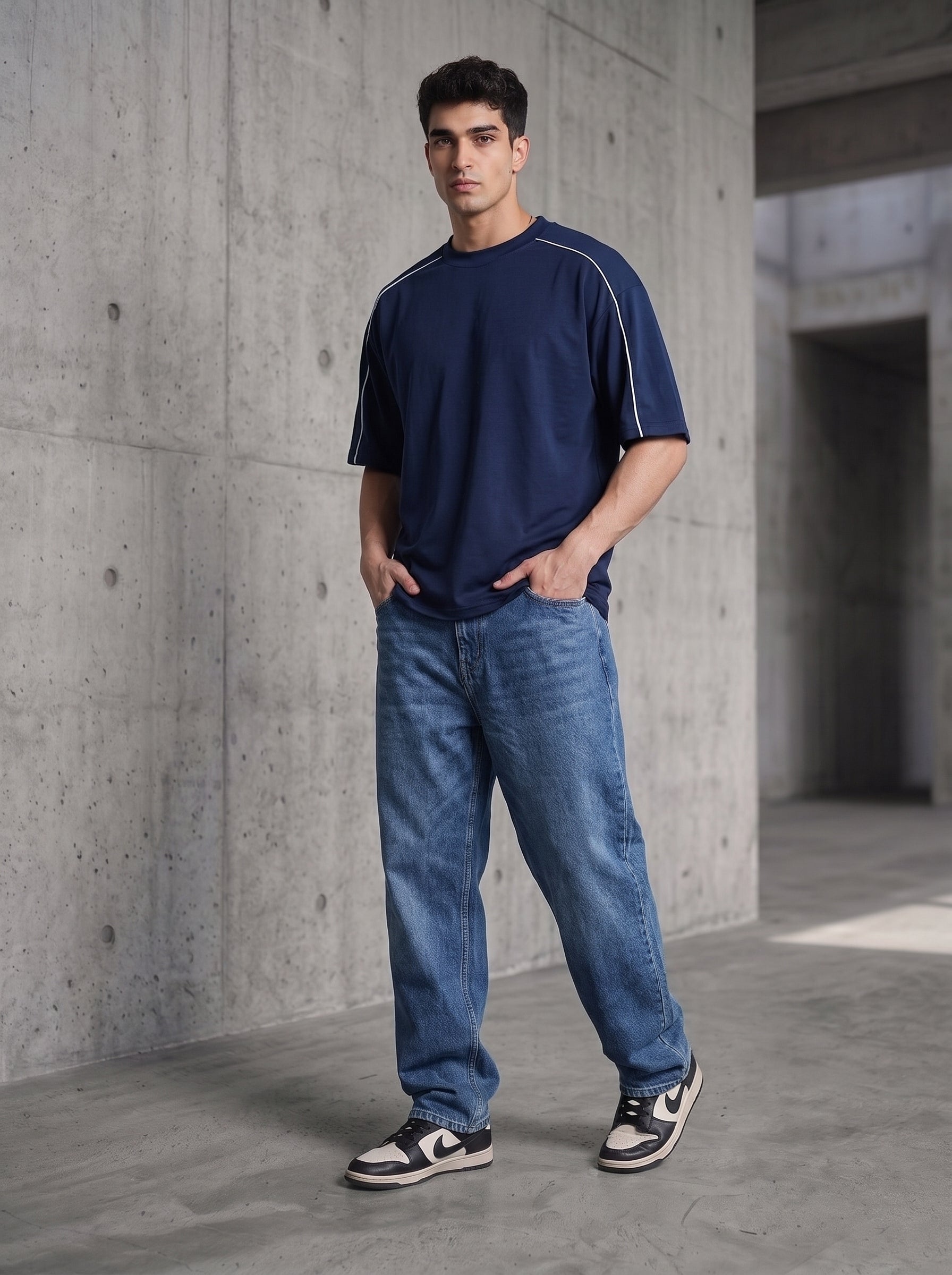 Navy Blue Piping Oversized T-Shirt