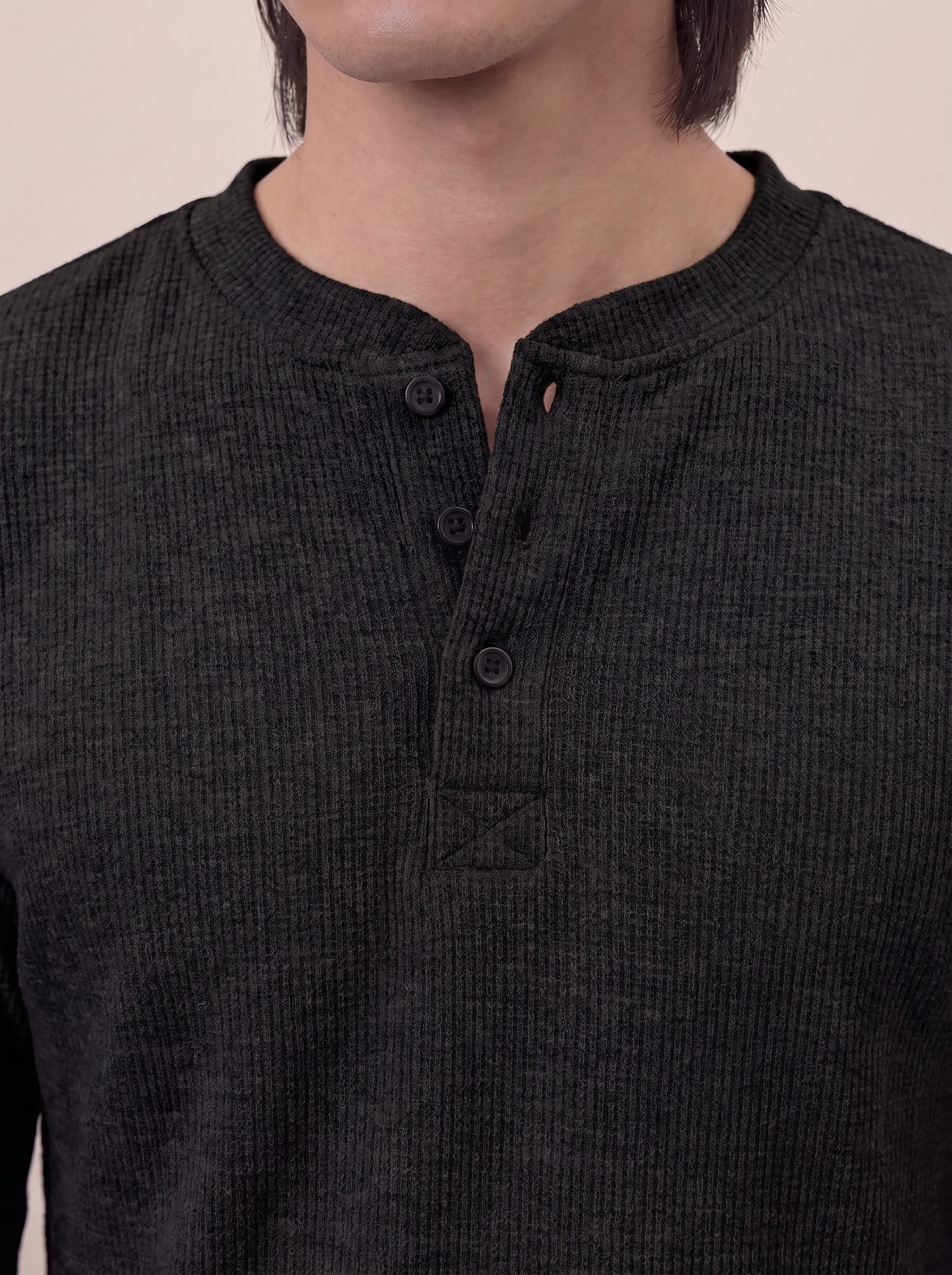 Waffle Knit Henley - Black