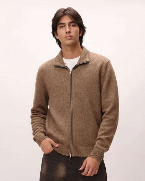 Coffee Biege Full Zipper Knit Jacket