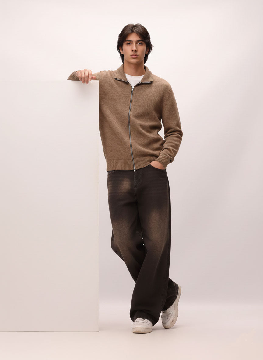 Coffee Biege Full Zipper Knit Jacket