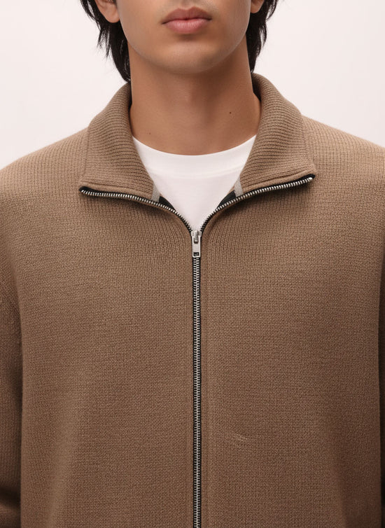 Coffee Biege Full Zipper Knit Jacket