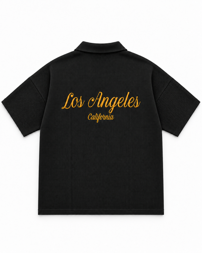 Oversize Black Waffle Knit Polo - Los Angeles
