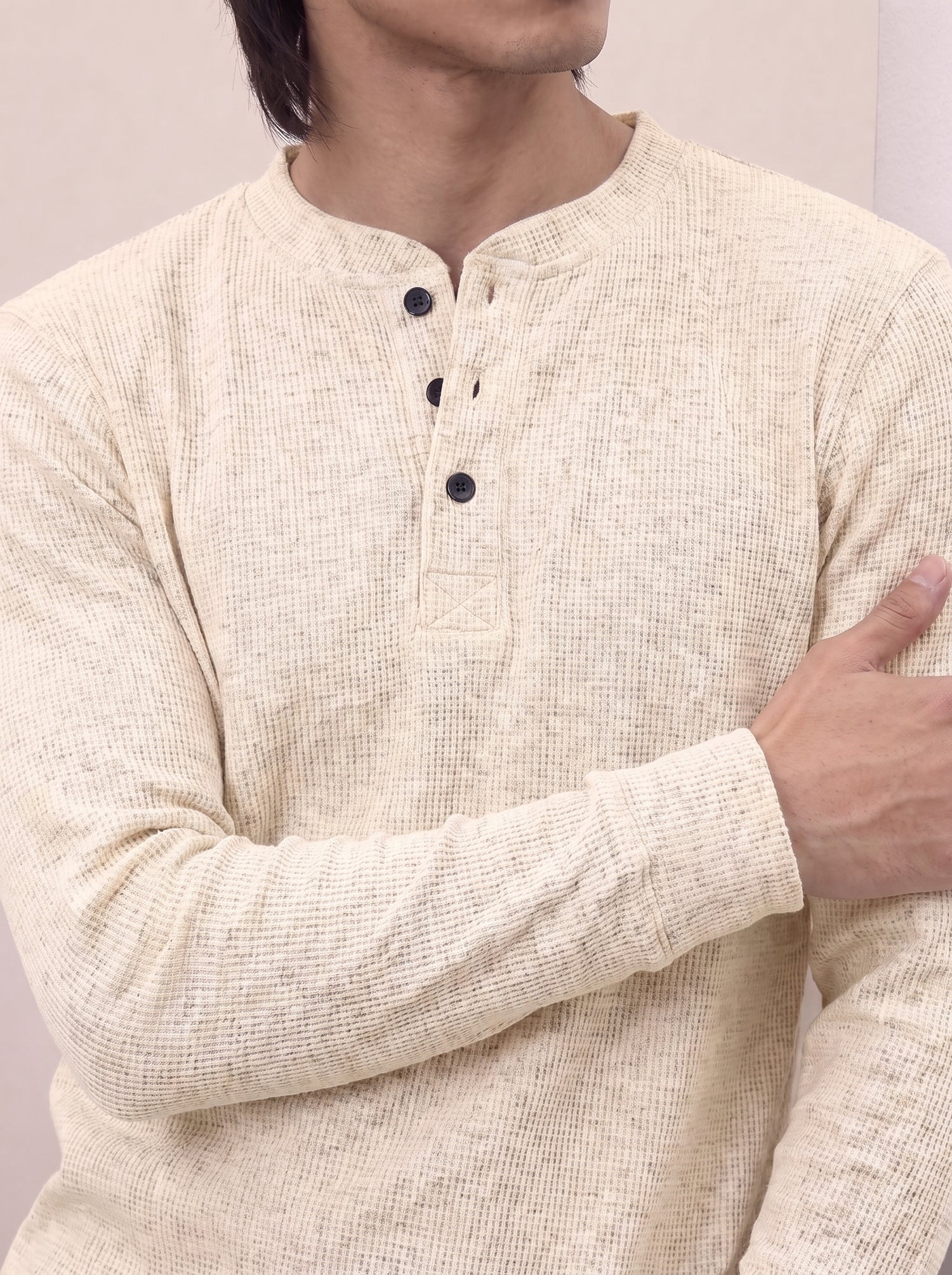 Waffle Knit Henley - Cream