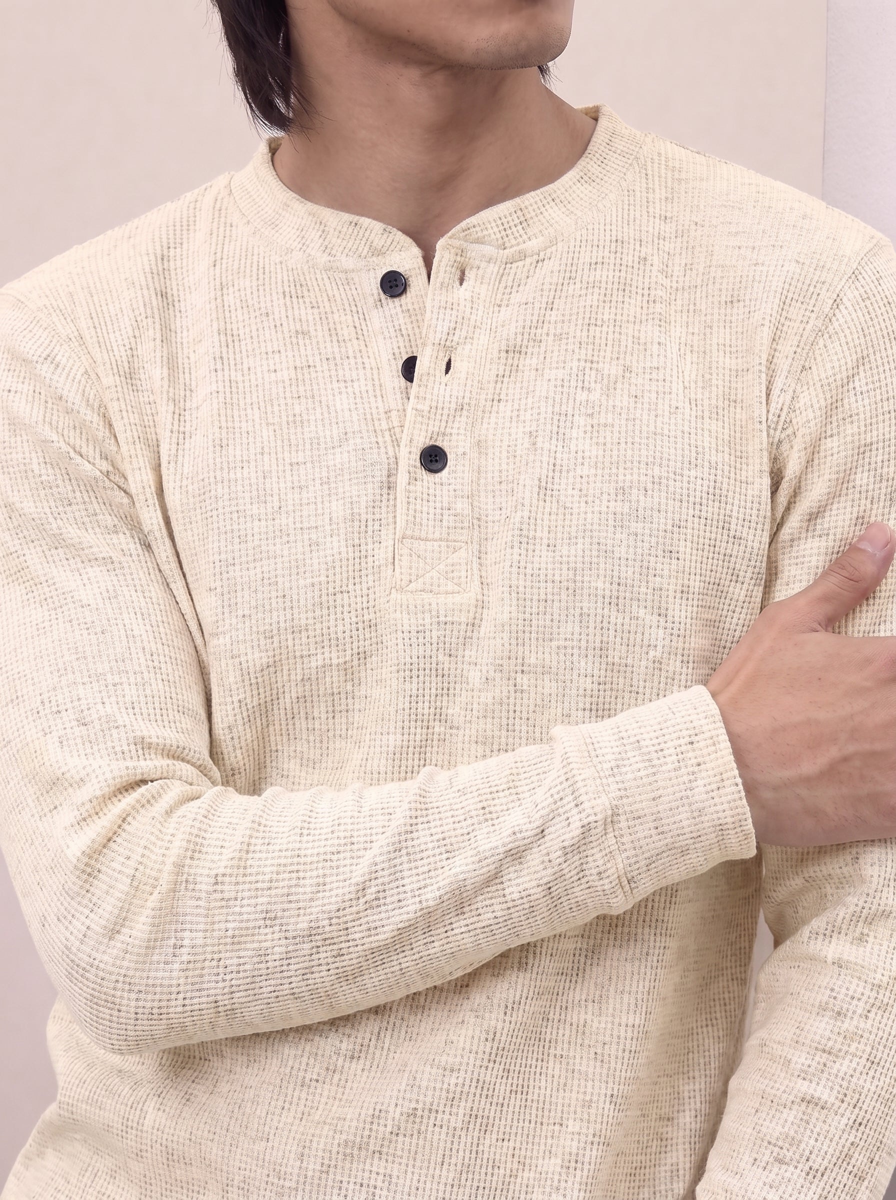 Waffle Knit Henley - Cream