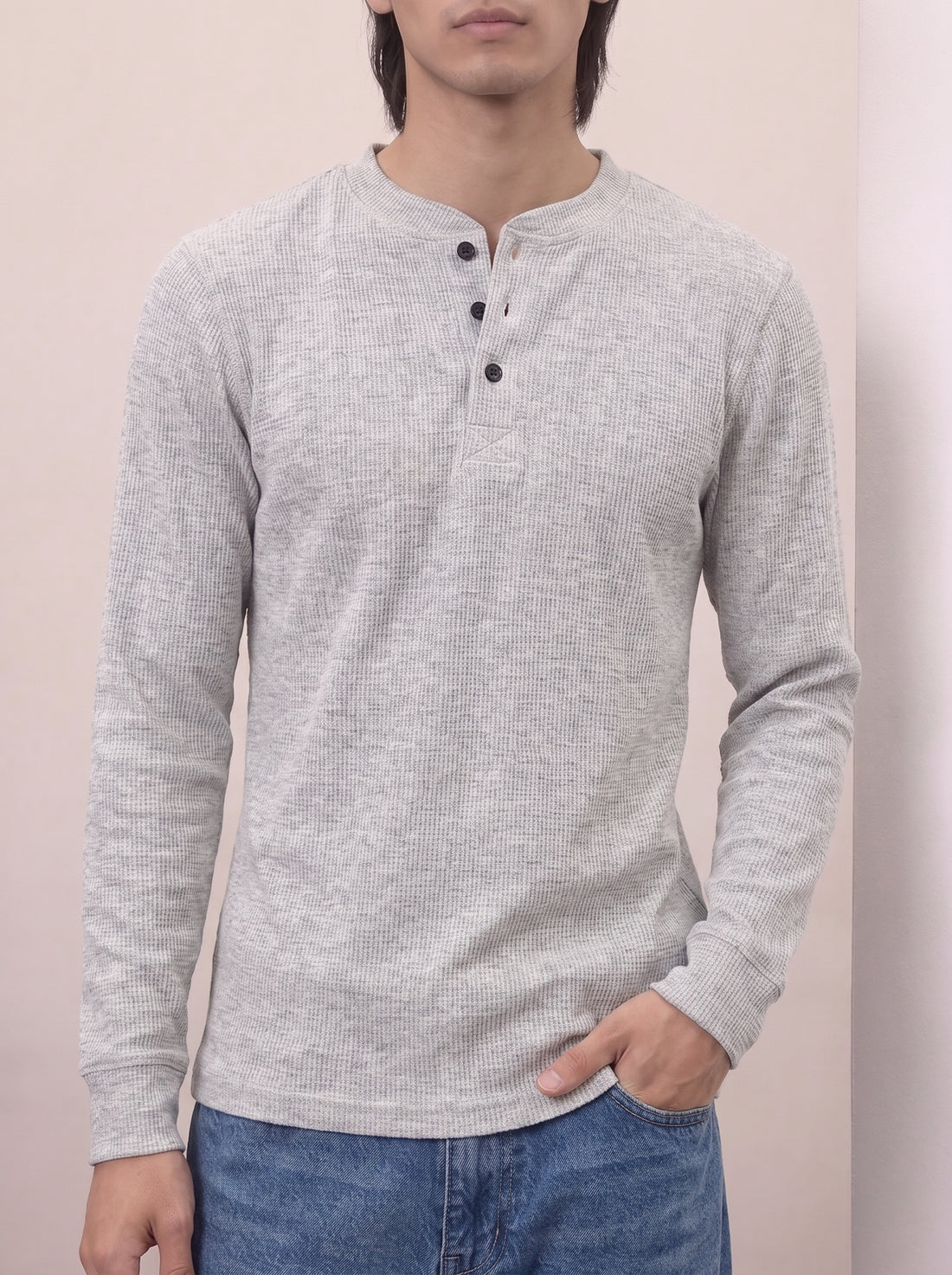 Waffle Knit Henley - Light Grey