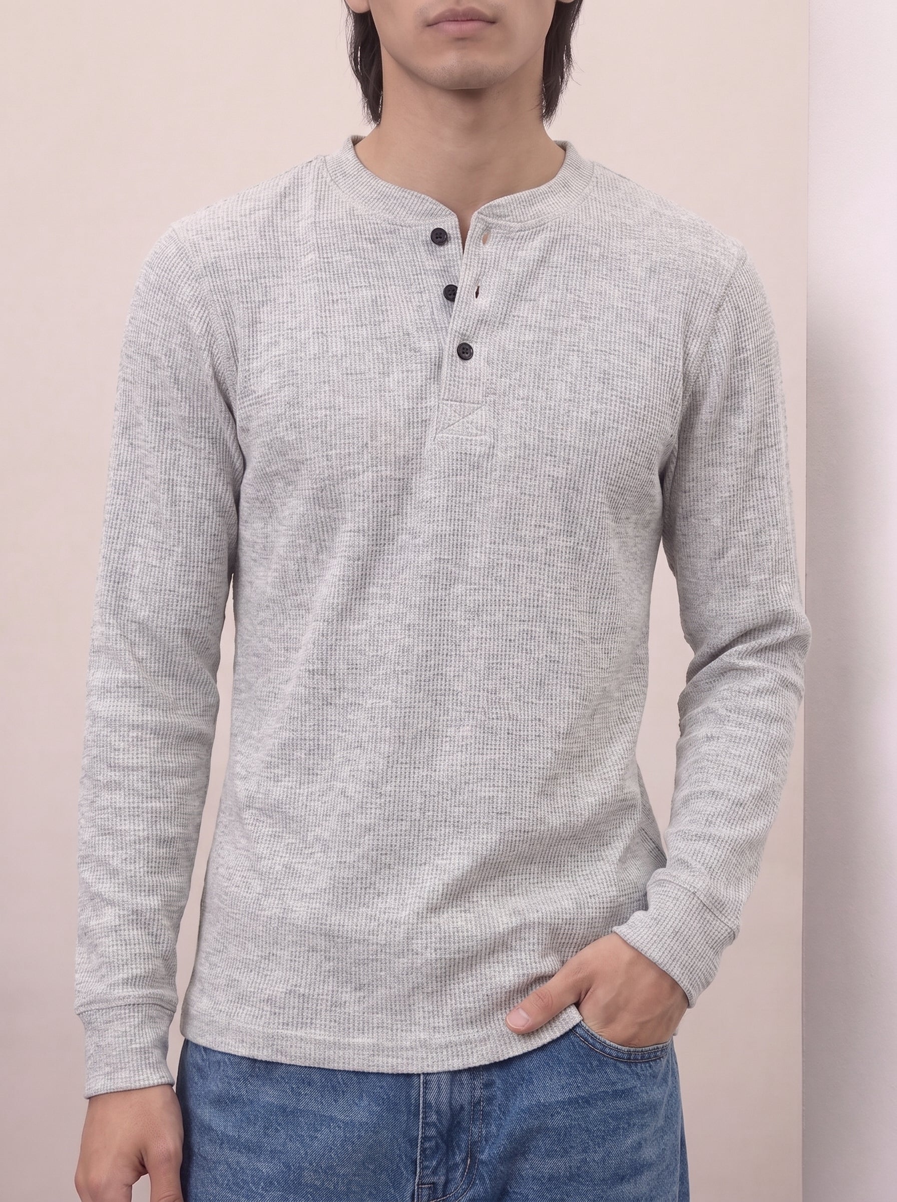 Waffle Knit Henley - Light Grey