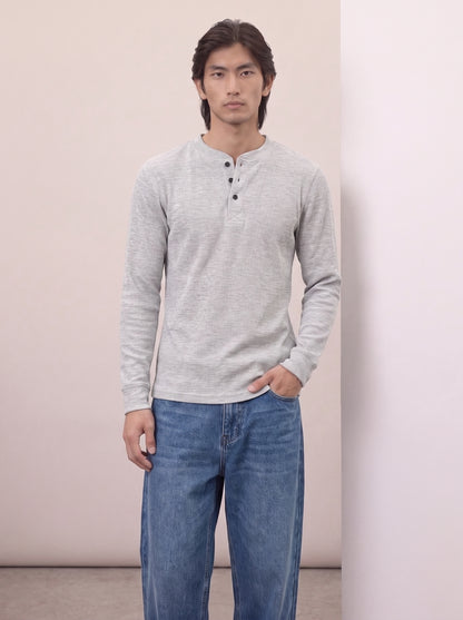 Waffle Knit Henley - Light Grey