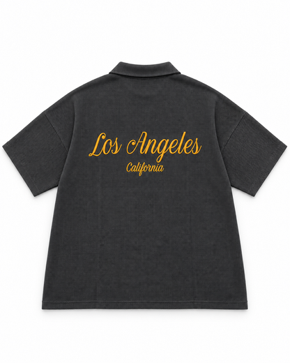 Oversize Charcoal Waffle Knit Polo - Los Angeles