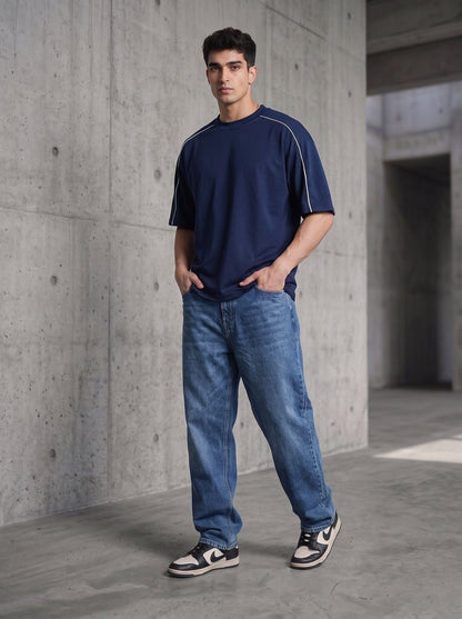 Navy Blue Piping Oversized T-Shirt
