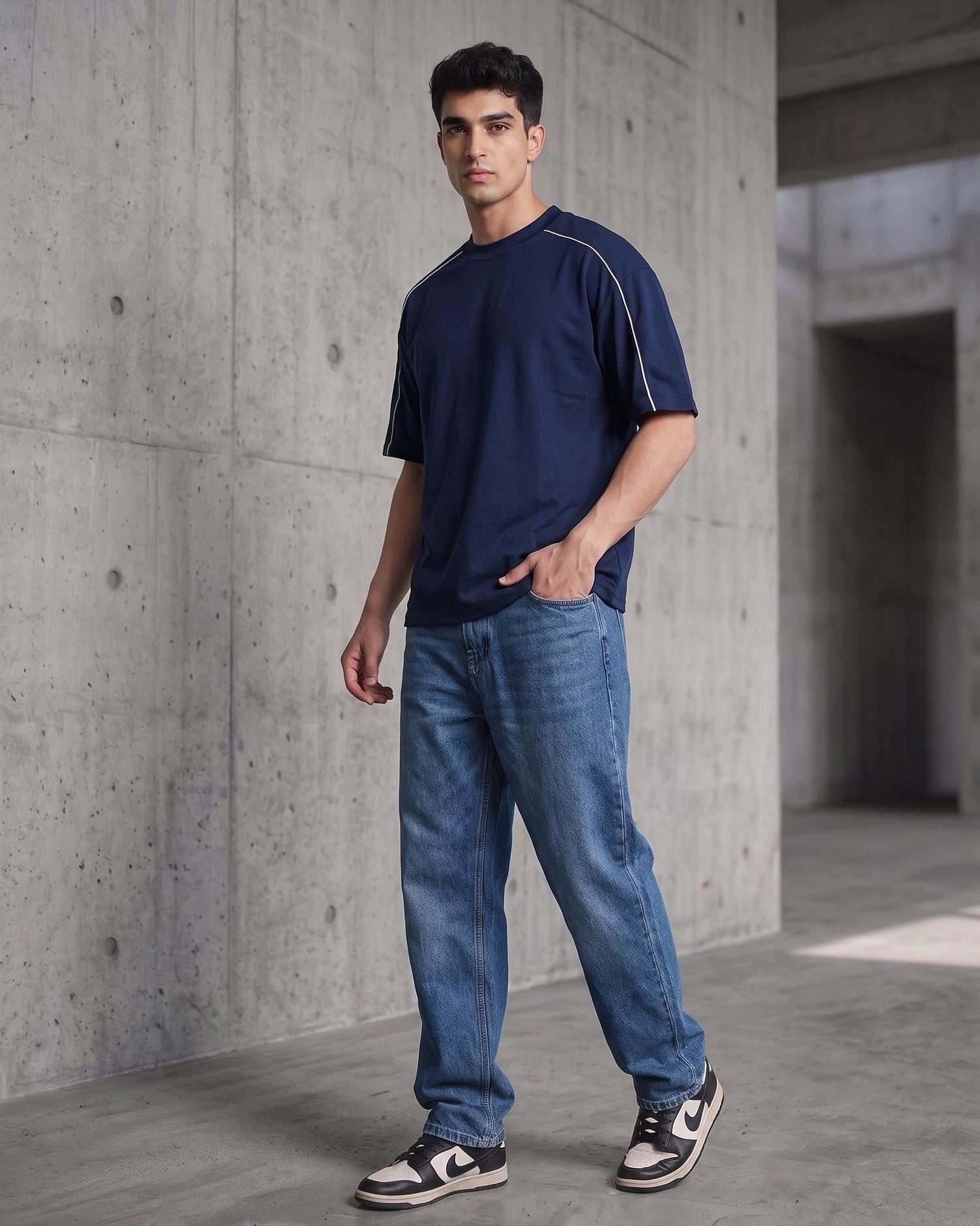 Navy Blue Piping Oversized T-Shirt