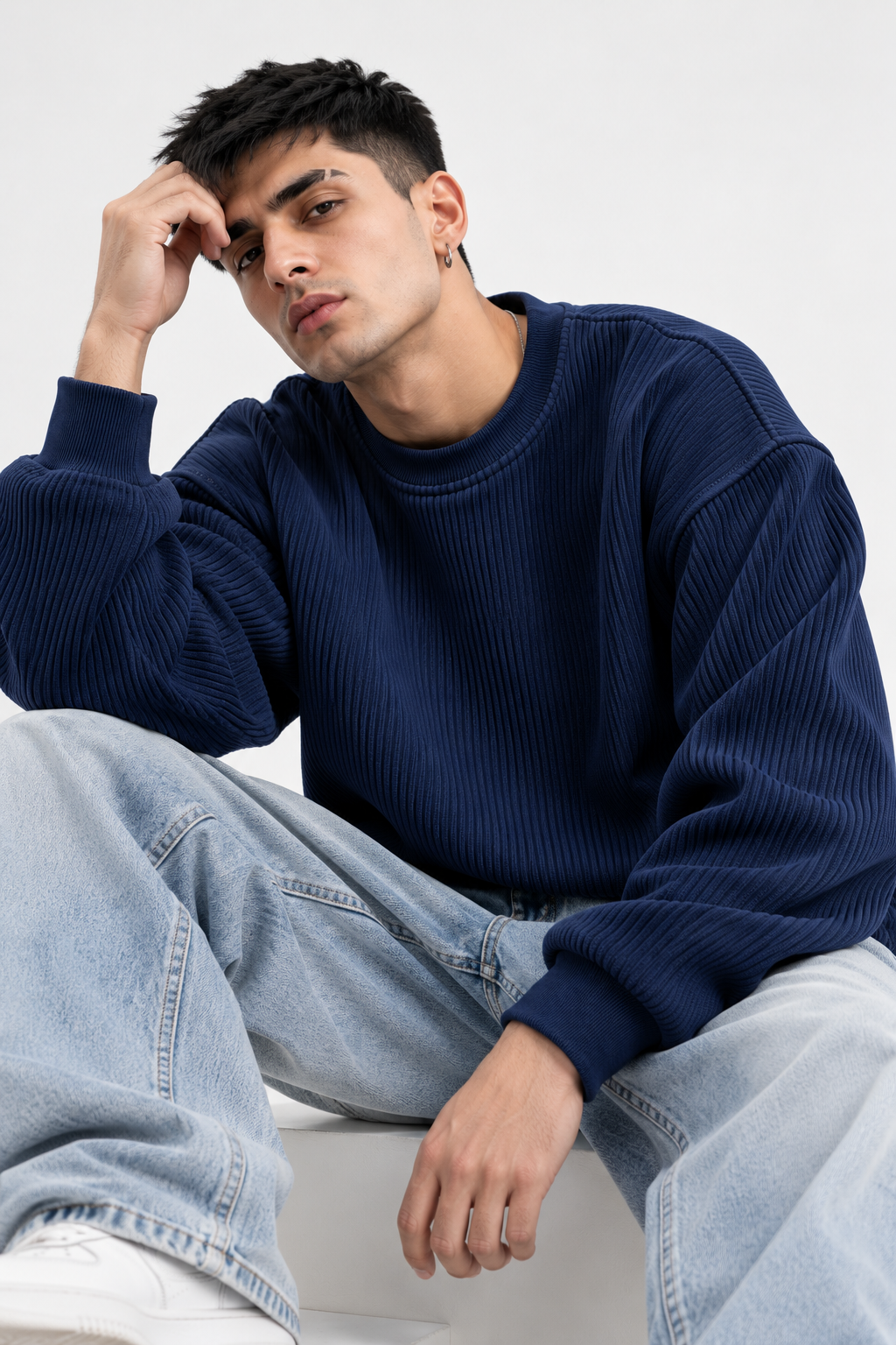 Oversize Knitted Sweaters - Navy Blue