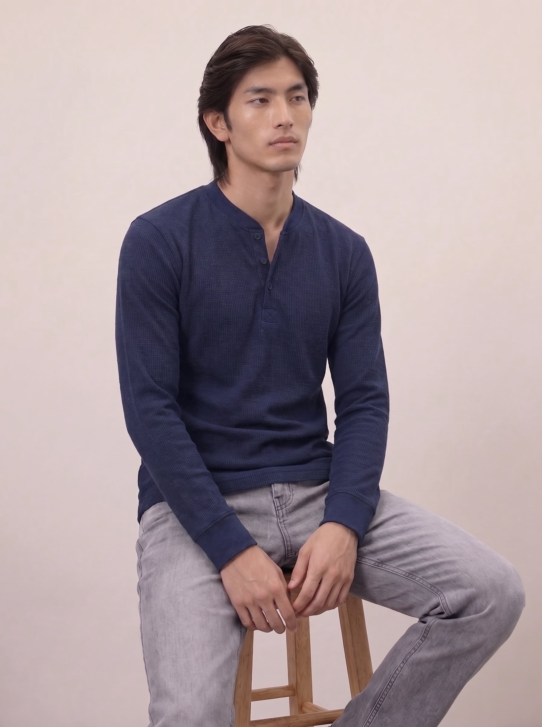 Waffle Knit Henley - Navy