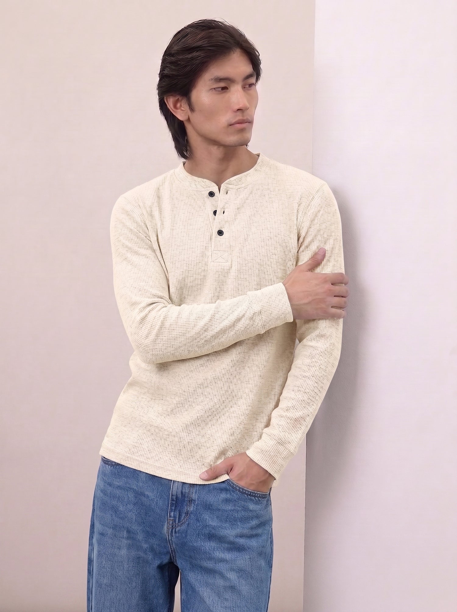Waffle Knit Henley - Cream