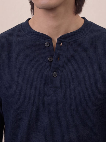 Waffle Knit Henley - Navy