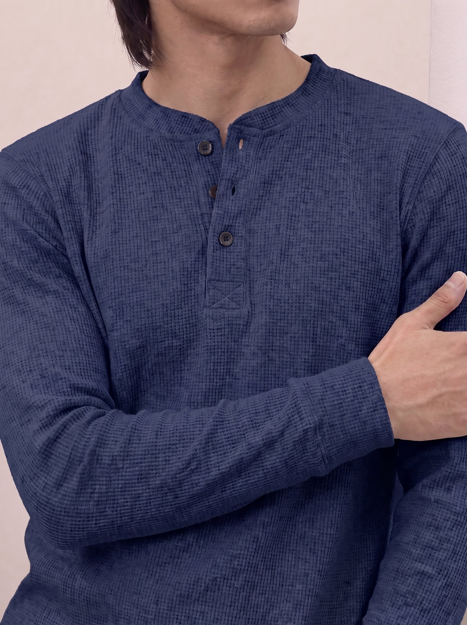 Waffle Knit Henley - Navy