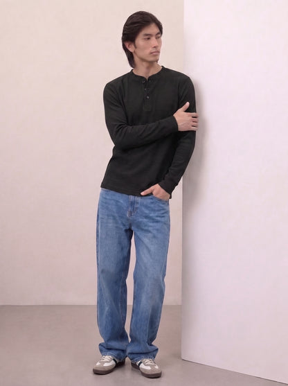Waffle Knit Henley - Black