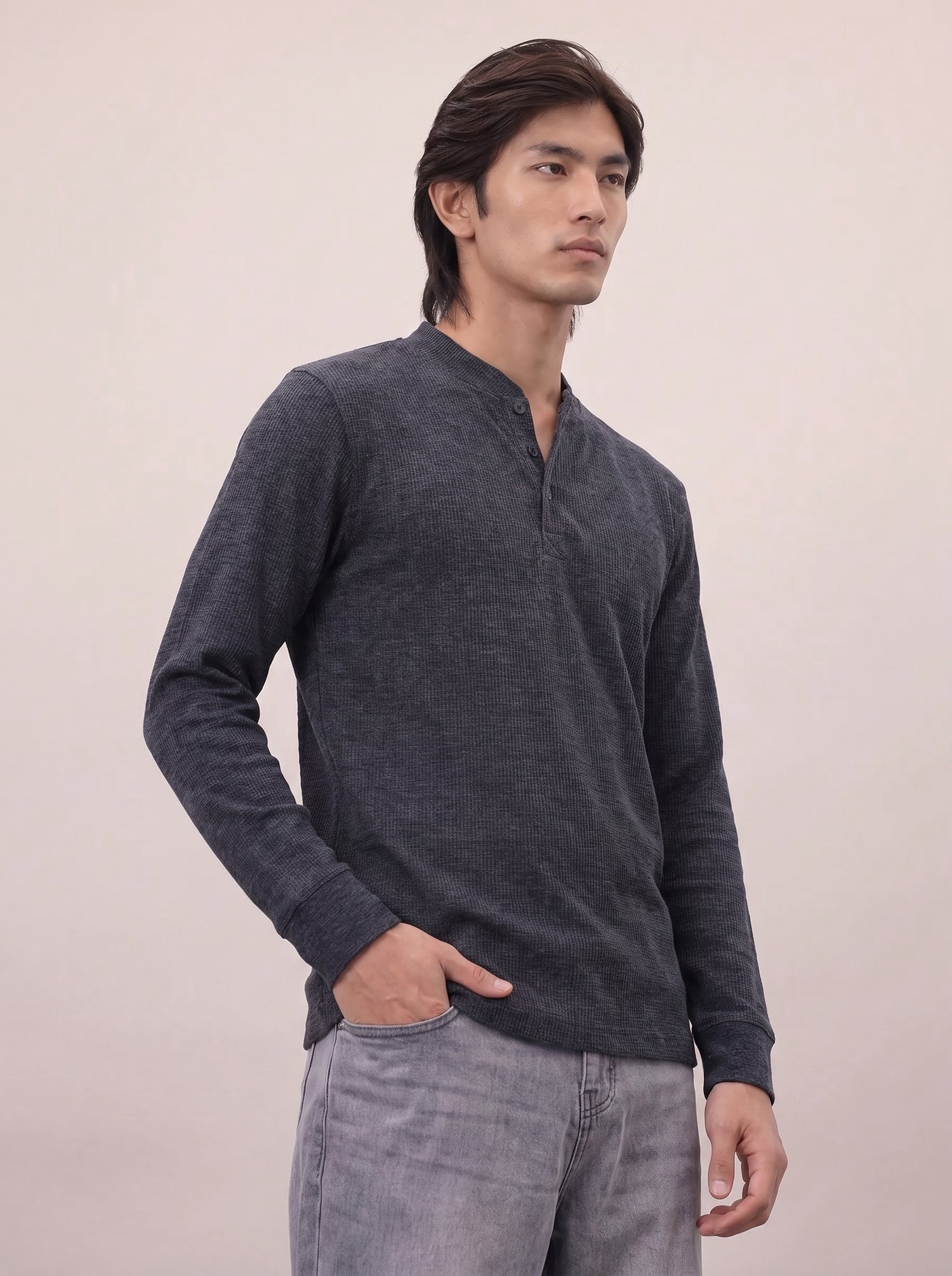 Waffle Knit Henley - Charcoal