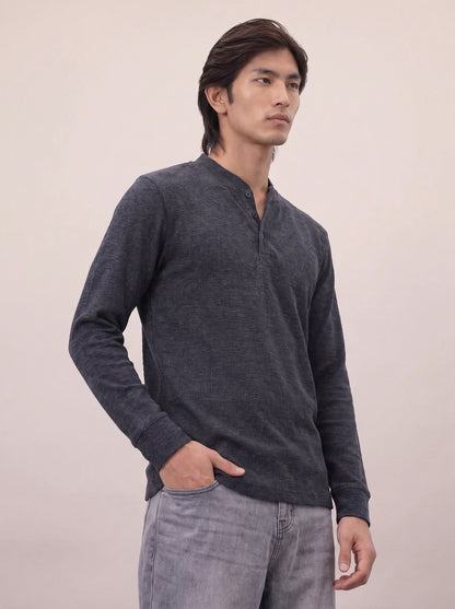 Waffle Knit Henley - Charcoal