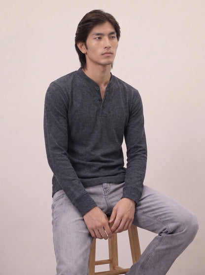 Waffle Knit Henley - Charcoal