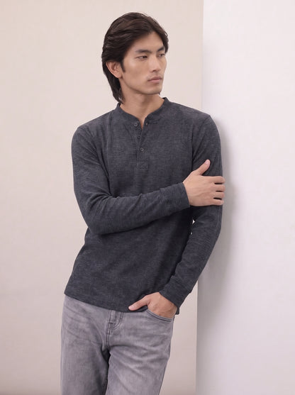 Waffle Knit Henley - Charcoal