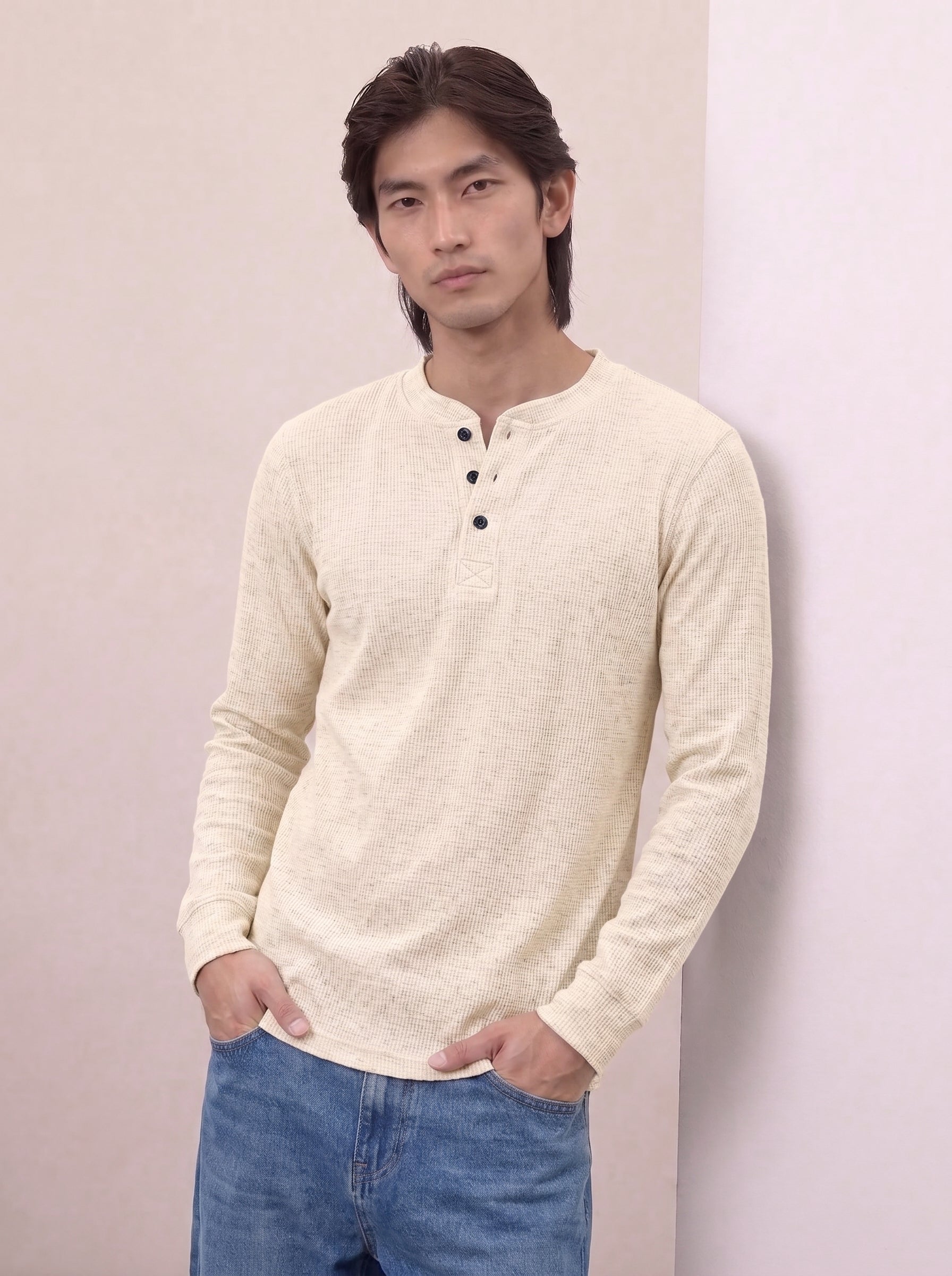 Waffle Knit Henley - Cream