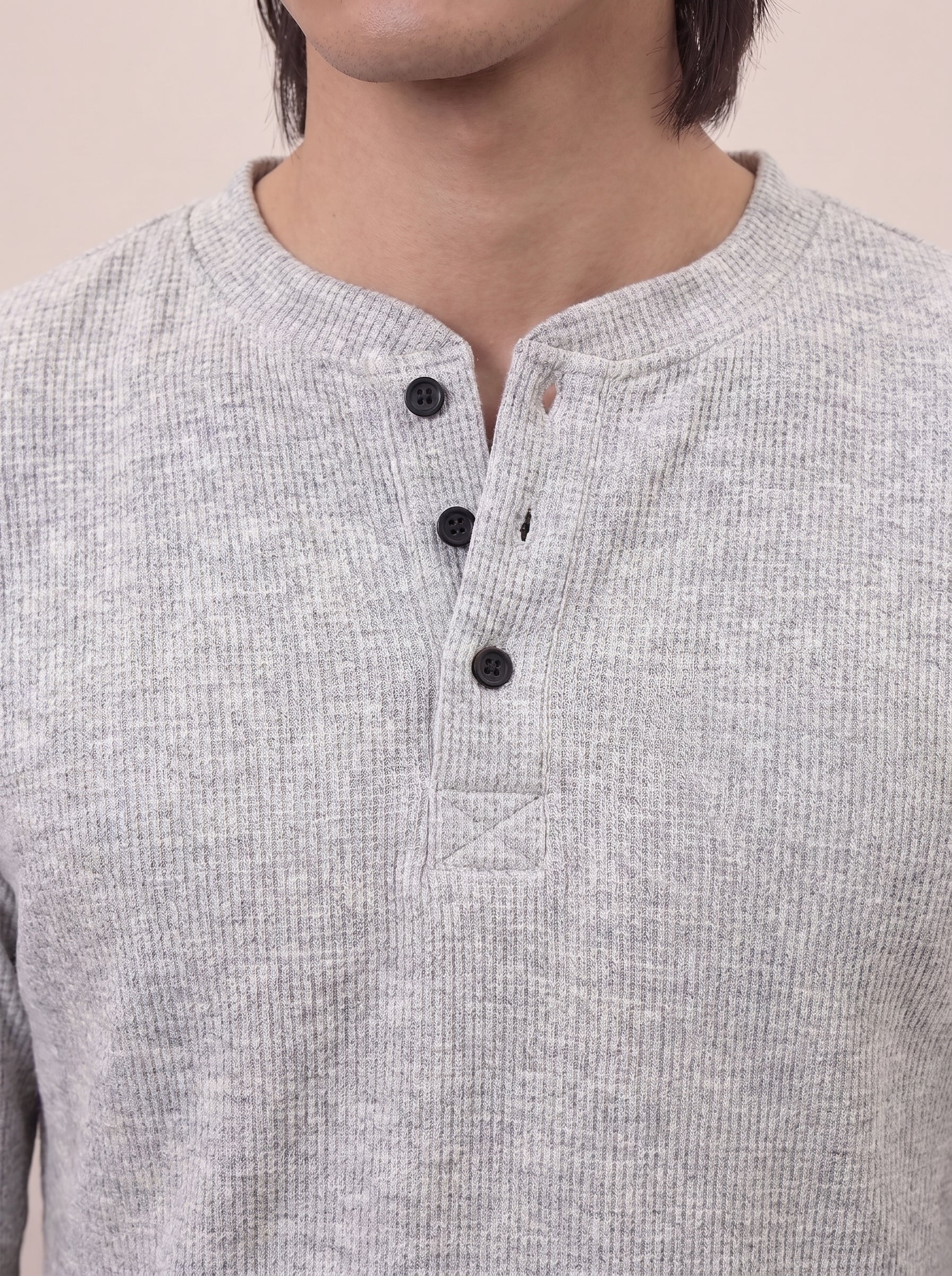 Waffle Knit Henley - Light Grey