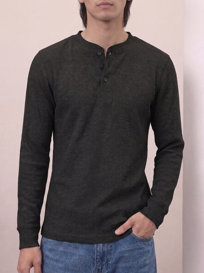 Waffle Knit Henley - Black